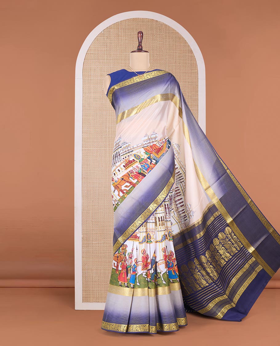Multi-color Mughal style historical stories printed Mysore silk saree, contrast traditional zari border, and floral zari design pallu