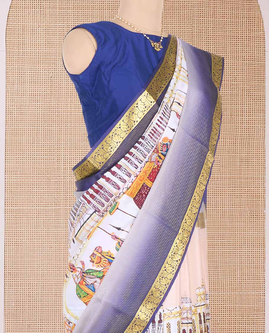 Multi-color Mughal style historical stories printed Mysore silk saree, contrast traditional zari border, and floral zari design pallu