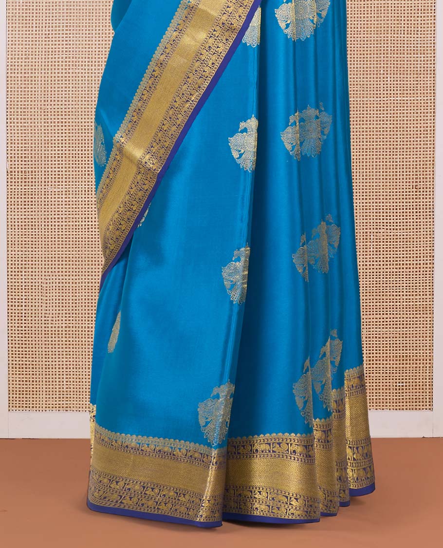 Blue two-headed eagle motifs zari woven Mysore silk saree, contrast traditional zari border, and zari design pallu