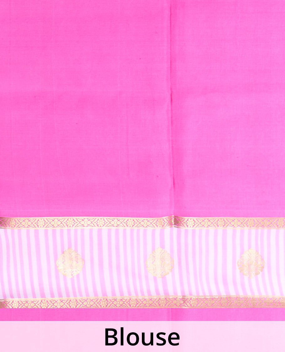 Pink zari buttas Mysore silk saree, contrast traditional zari border and pallu of zari designs