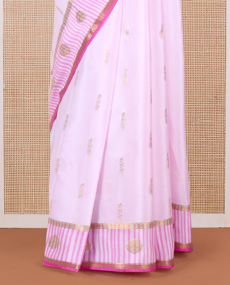 Pink zari buttas Mysore silk saree, contrast traditional zari border and pallu of zari designs