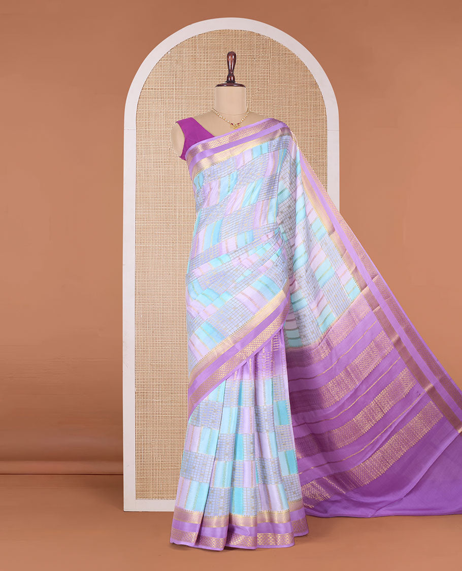 Multi-color dyed with zari design Mysore silk saree, contrast traditional zari border, and pallu of traditional zari designs