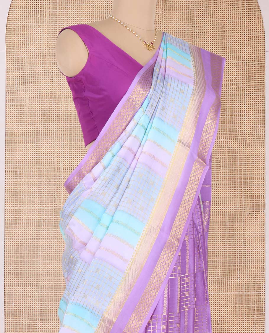 Multi-color dyed with zari design Mysore silk saree, contrast traditional zari border, and pallu of traditional zari designs
