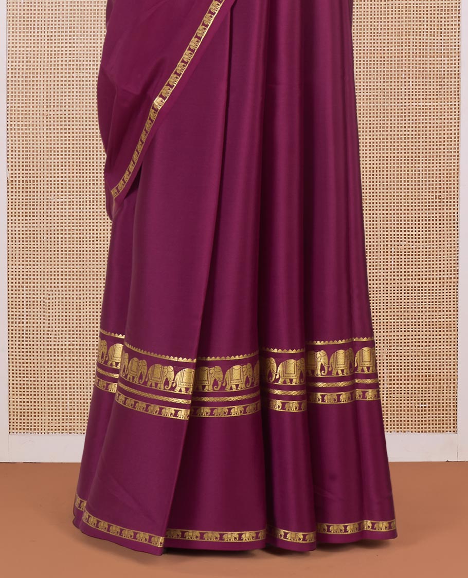 Maroon plain Mysore silk saree, elephant motifs woven Mysore silk saree, zari design pallu