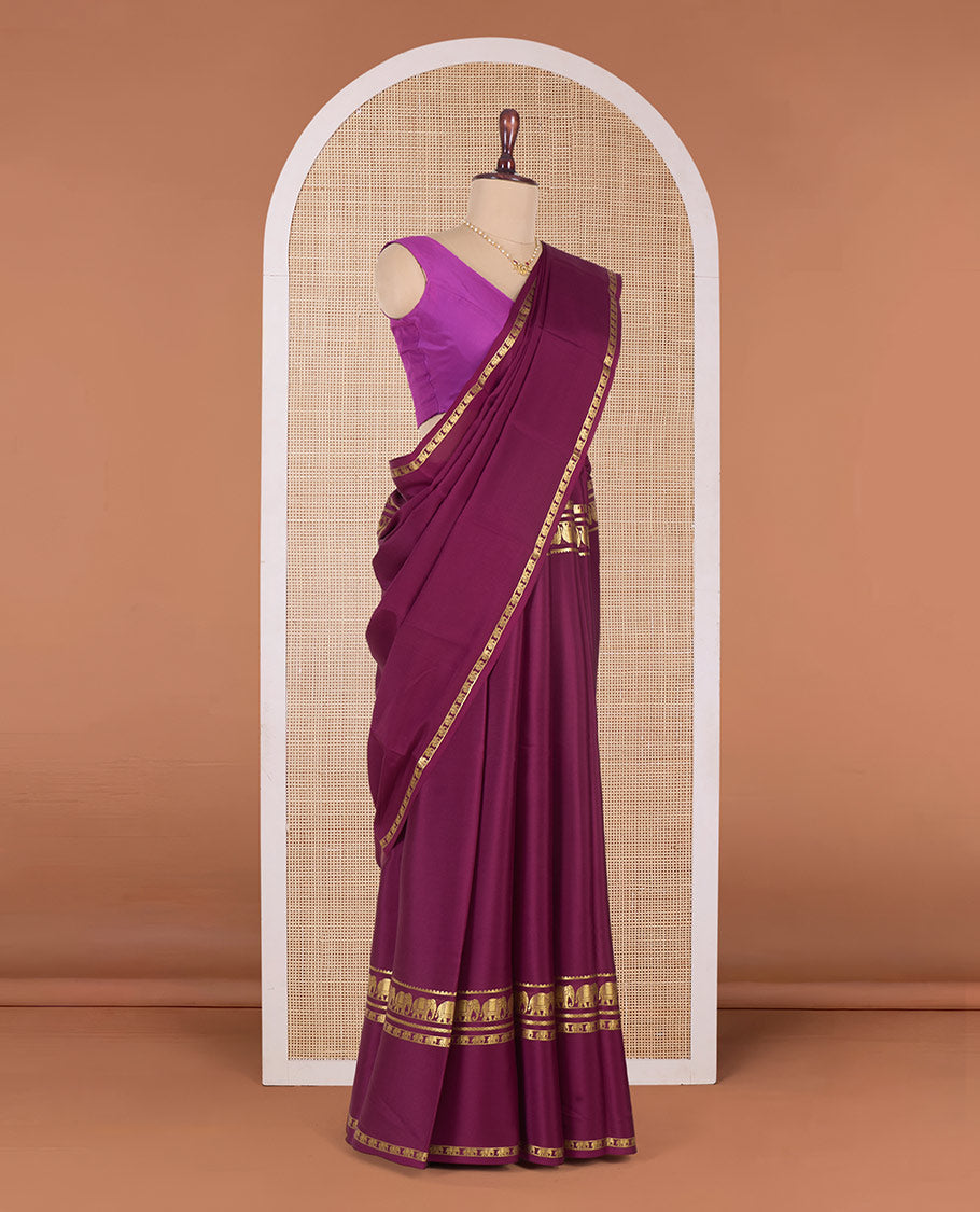 Maroon plain Mysore silk saree, elephant motifs woven Mysore silk saree, zari design pallu
