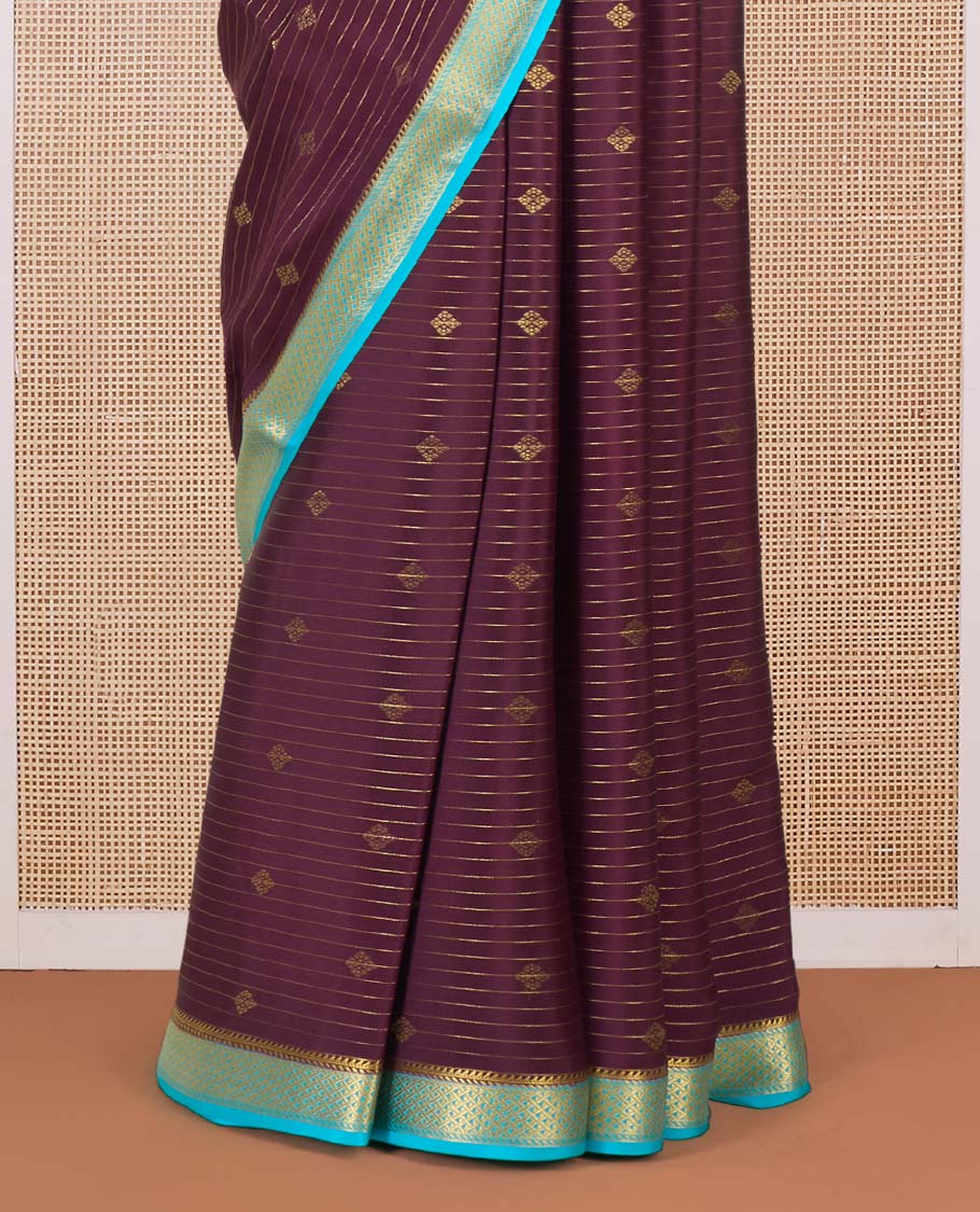 Brown zari design Mysore silk saree, contrast traditional zari border, and intricate pallu
