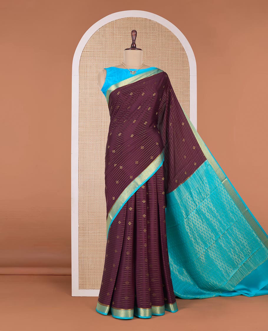 Brown zari design Mysore silk saree, contrast traditional zari border, and intricate pallu