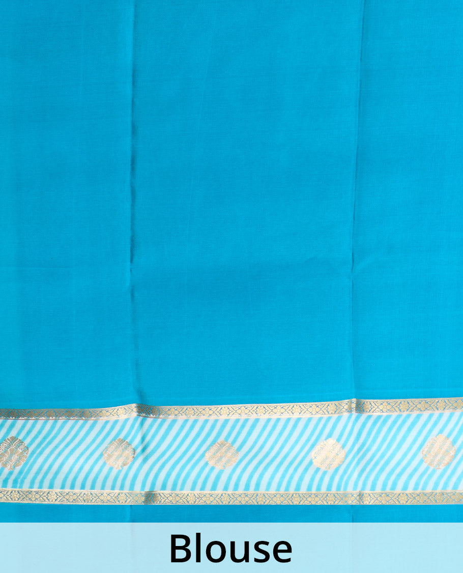 Blue zari buttas Mysore silk saree, contrast zari border and zari-rich jaal pallu