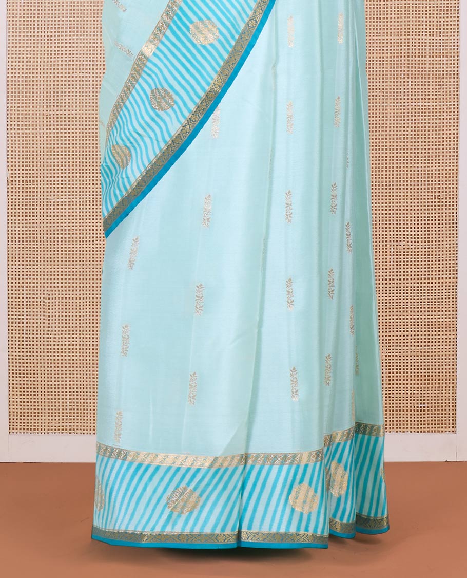 Blue zari buttas Mysore silk saree, contrast zari border and zari-rich jaal pallu