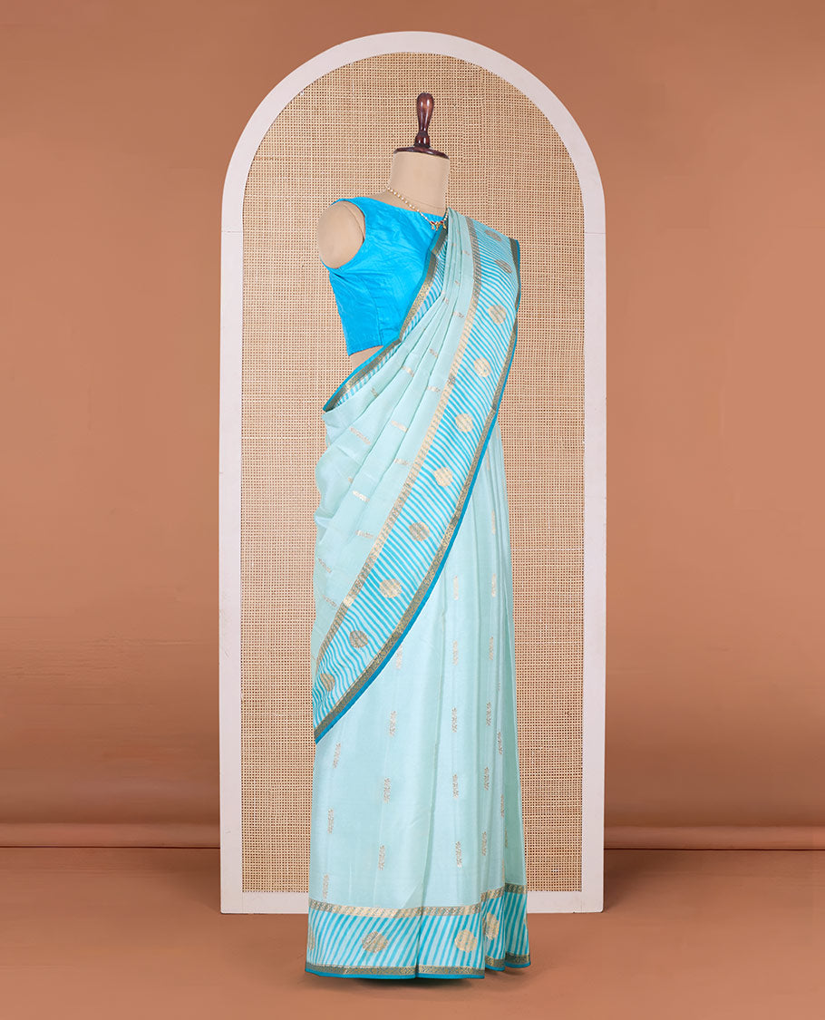 Blue zari buttas Mysore silk saree, contrast zari border and zari-rich jaal pallu