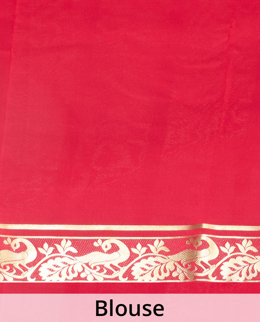Red plain Mysore silk saree, peacock motifs zari border l, and zari striped pallu