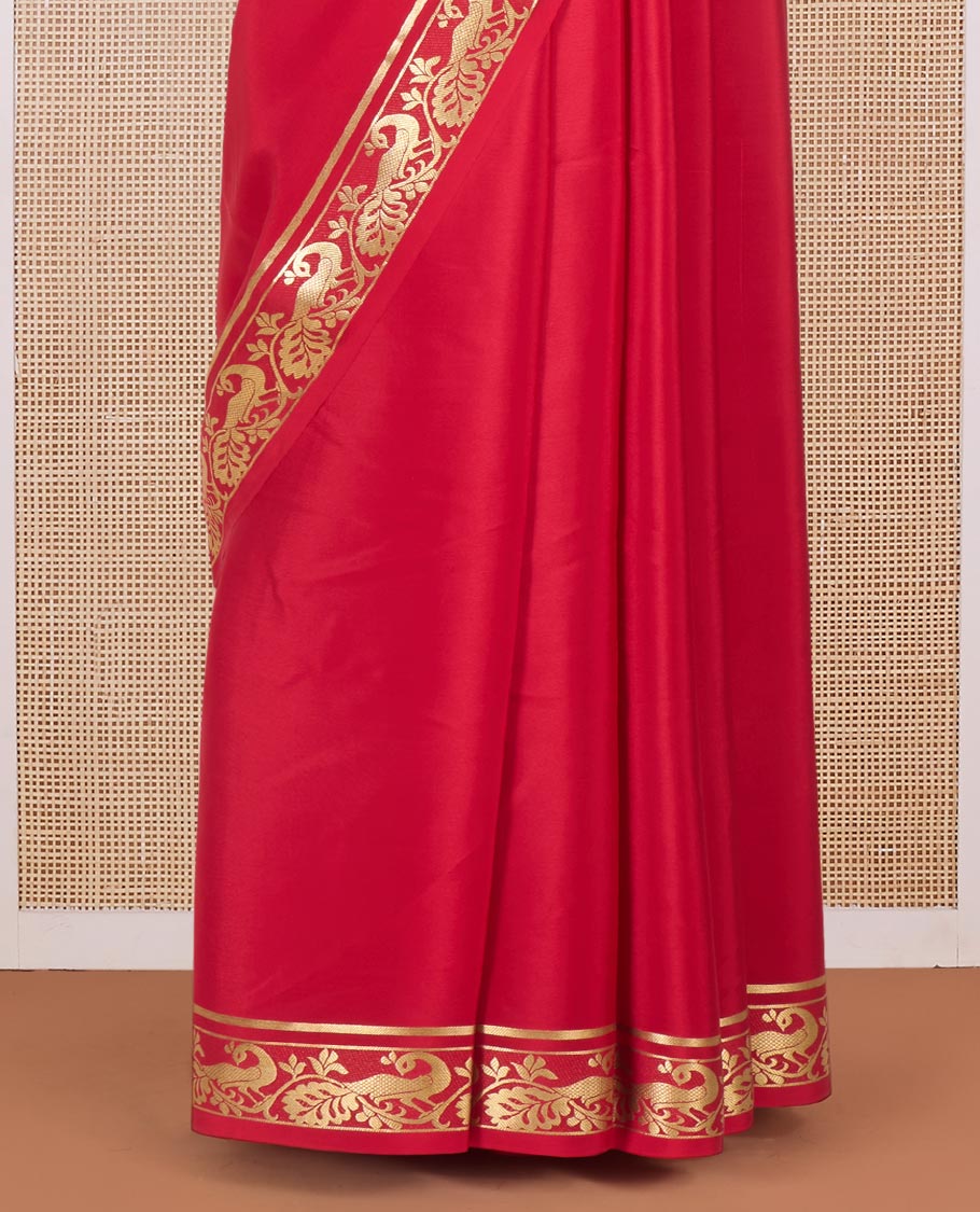 Red plain Mysore silk saree, peacock motifs zari border l, and zari striped pallu