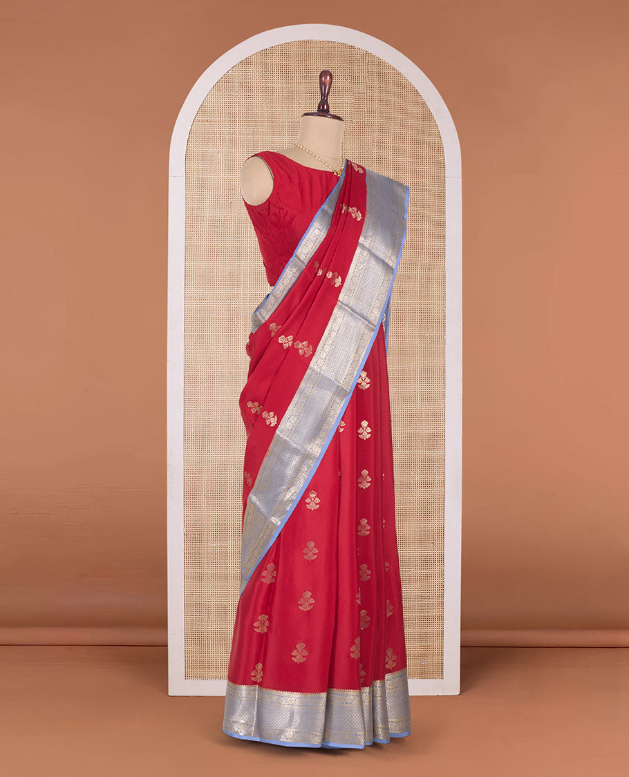 Red floral zari buttas Mysore silk saree, contrast traditional zari border and pallu of jaal designs