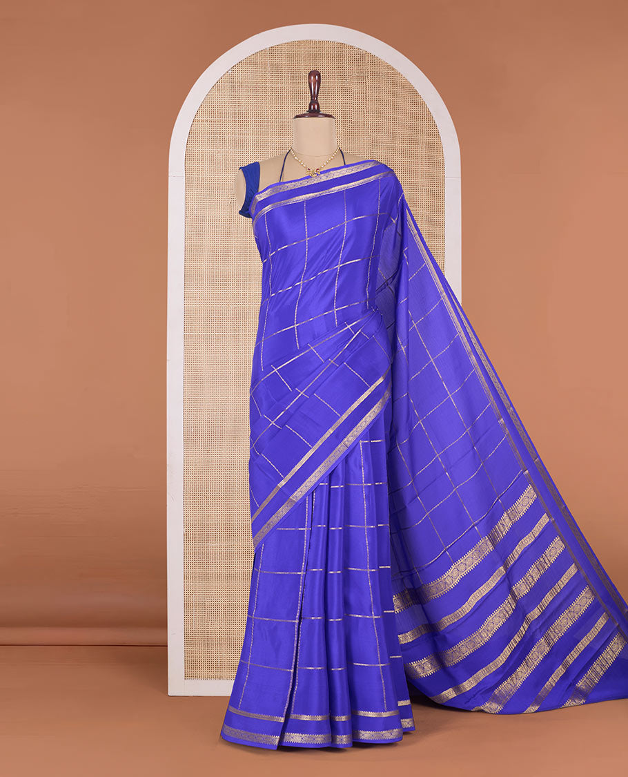Blue checked Mysore silk saree, traditional zari rettai pettu border, and zari design pallu