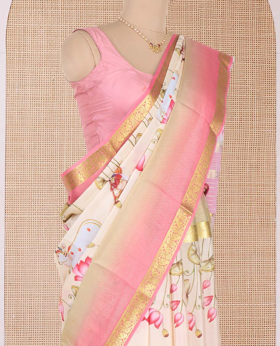 Sandal base Pichwai lotus, cow and girl veena motifs printed Mysore silk saree, contrast traditional zari border, and floral design pallu