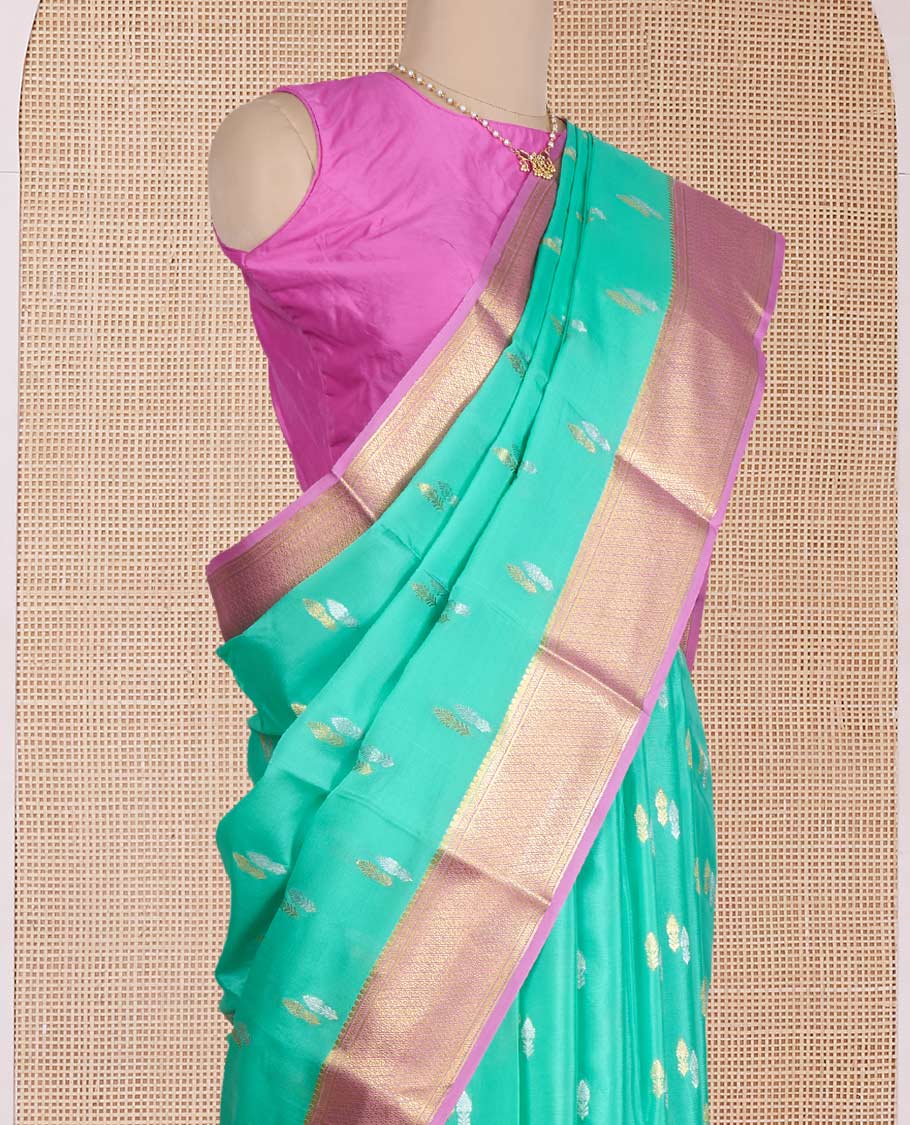 Green zari buttas Mysore silk saree, contrast traditional zari design border, and jaal pallu