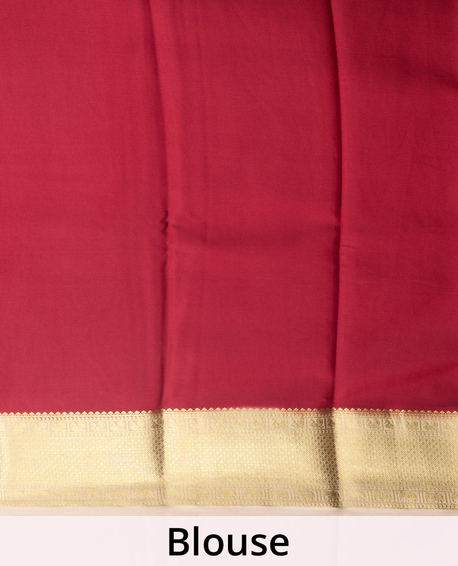 Sandal two-headed eagle motifs zari woven Mysore silk saree, contrast traditional zari woven border, and zari striped pallu
