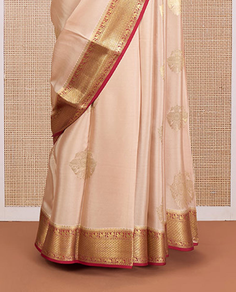 Sandal two-headed eagle motifs zari woven Mysore silk saree, contrast traditional zari woven border, and zari striped pallu