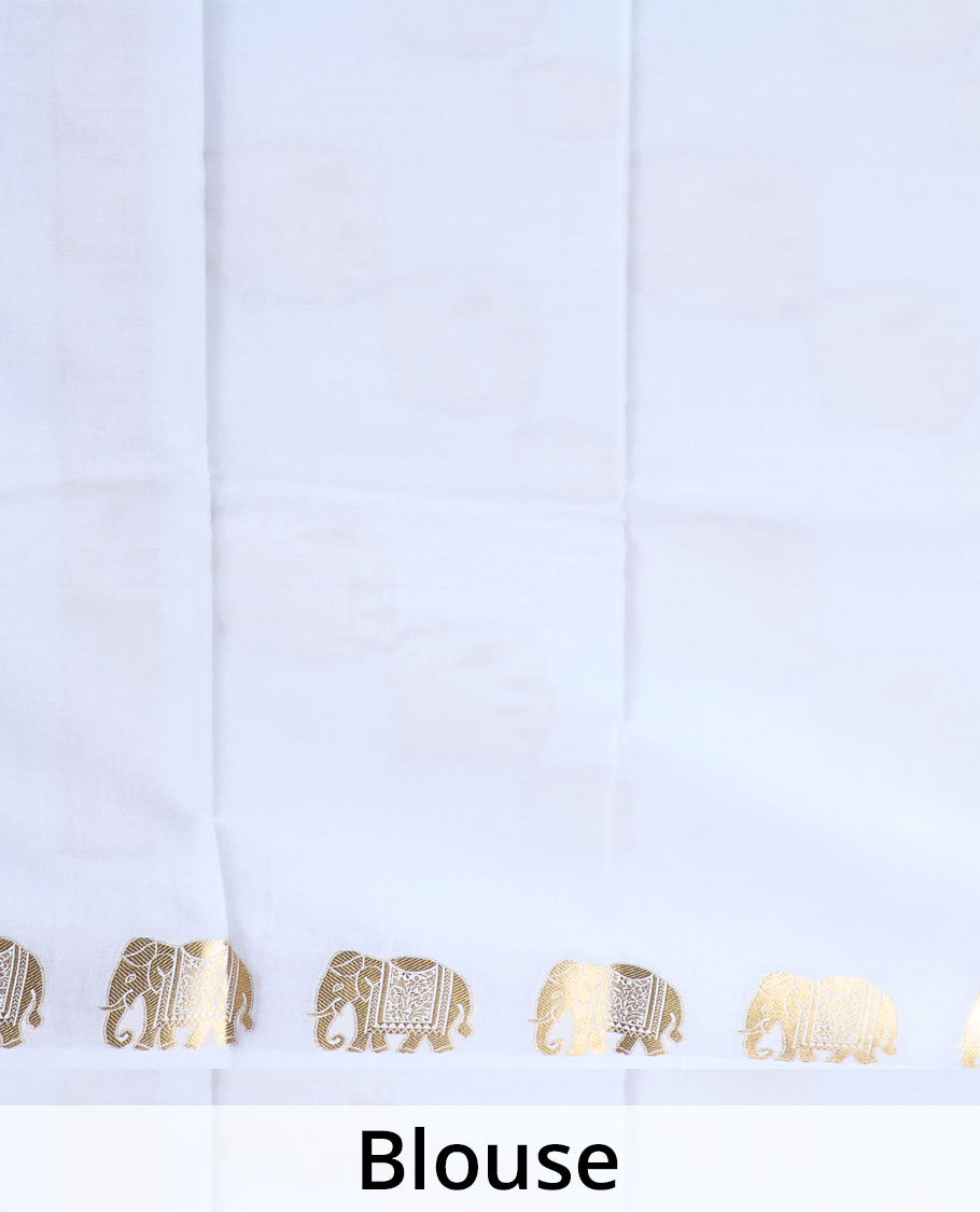 Cream plain Mysore silk saree, zari border of elephant motifs, and pallu steeped with elephant motifs