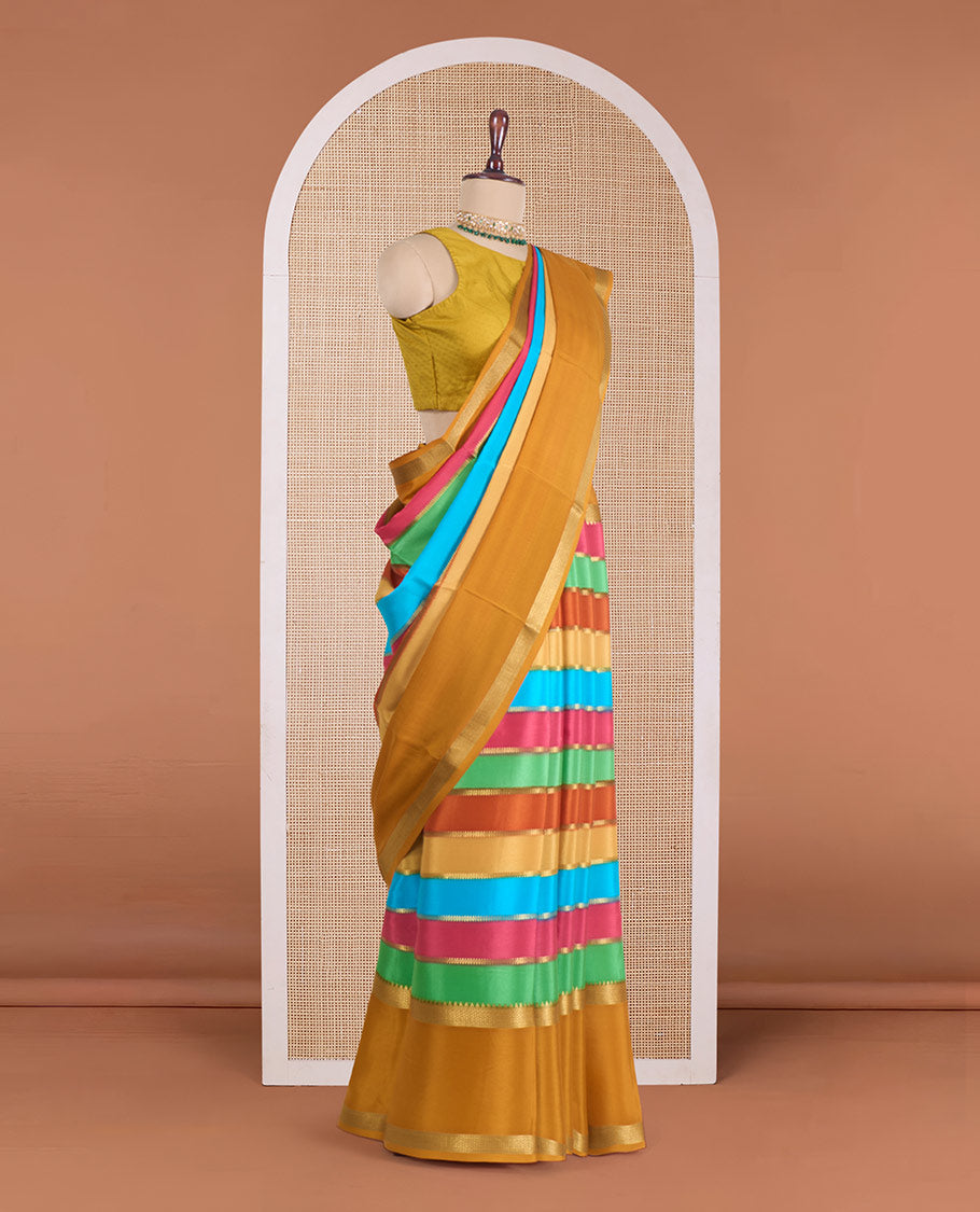 Multi-color striped Mysore silk saree with zari stripes, contrast traditional zari rettai pettu border, and intricate pallu