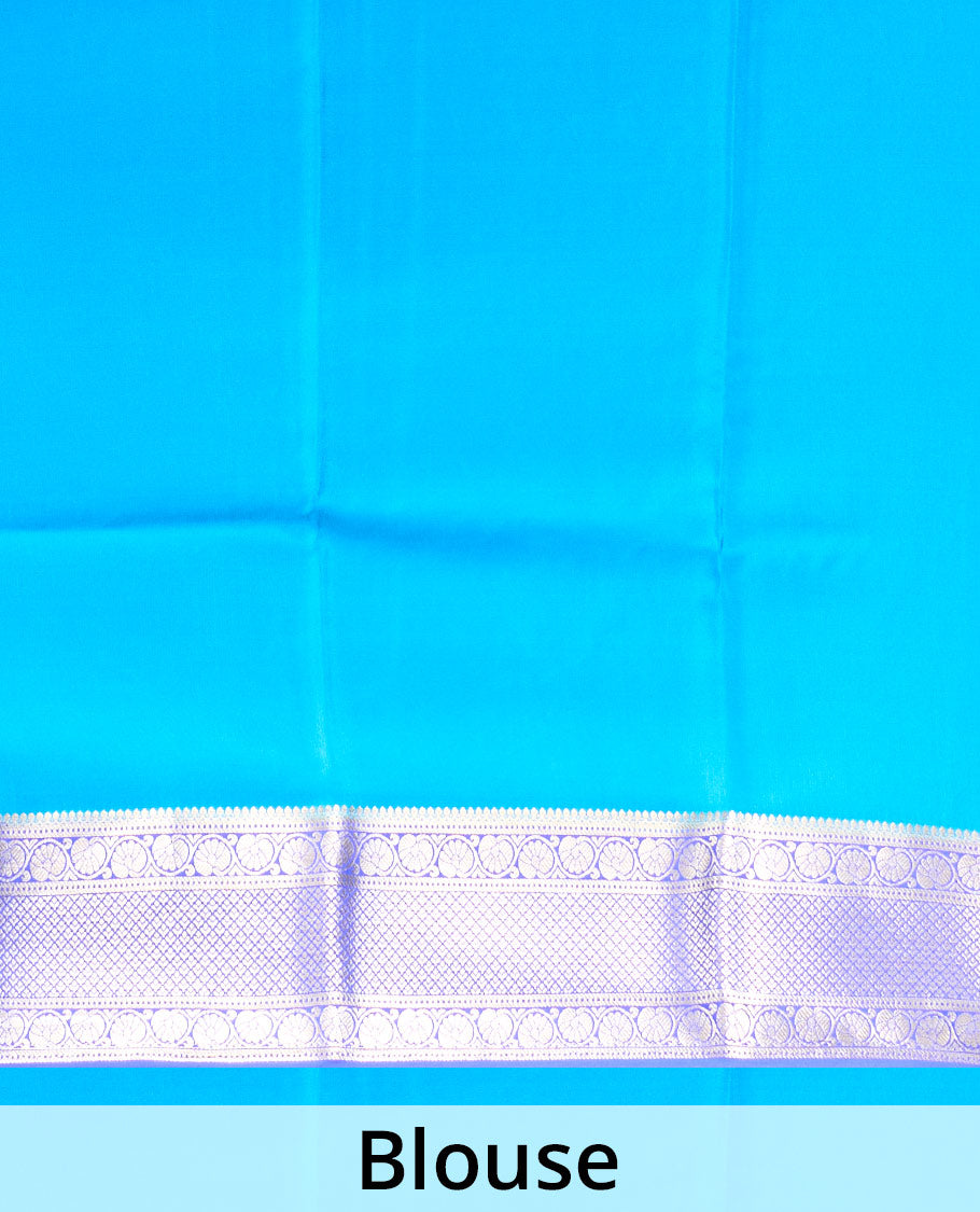 Blue floral zari buttas Mysore silk saree, contrast traditional zari design border, and jaal pallu