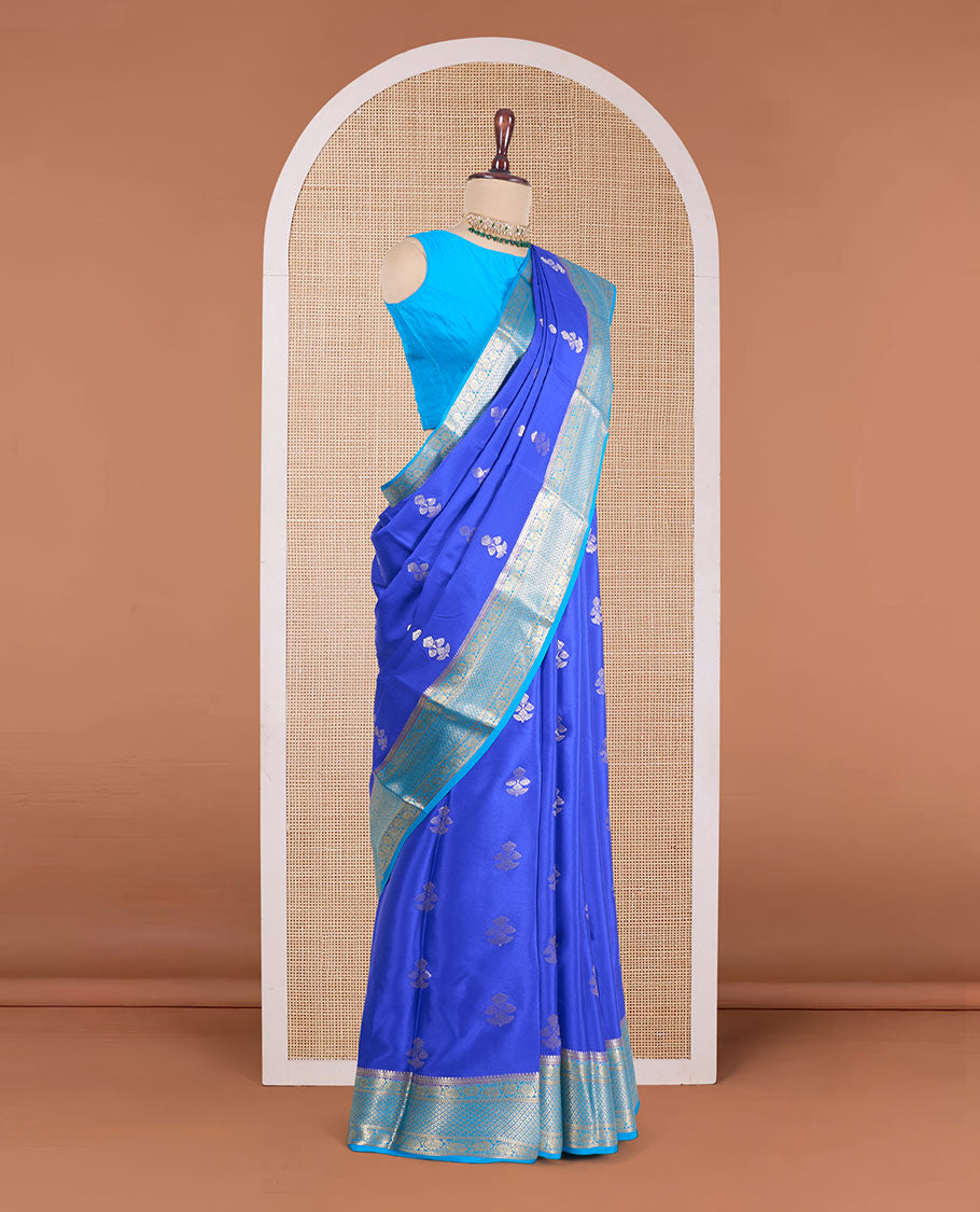 Blue floral zari buttas Mysore silk saree, contrast traditional zari design border, and jaal pallu