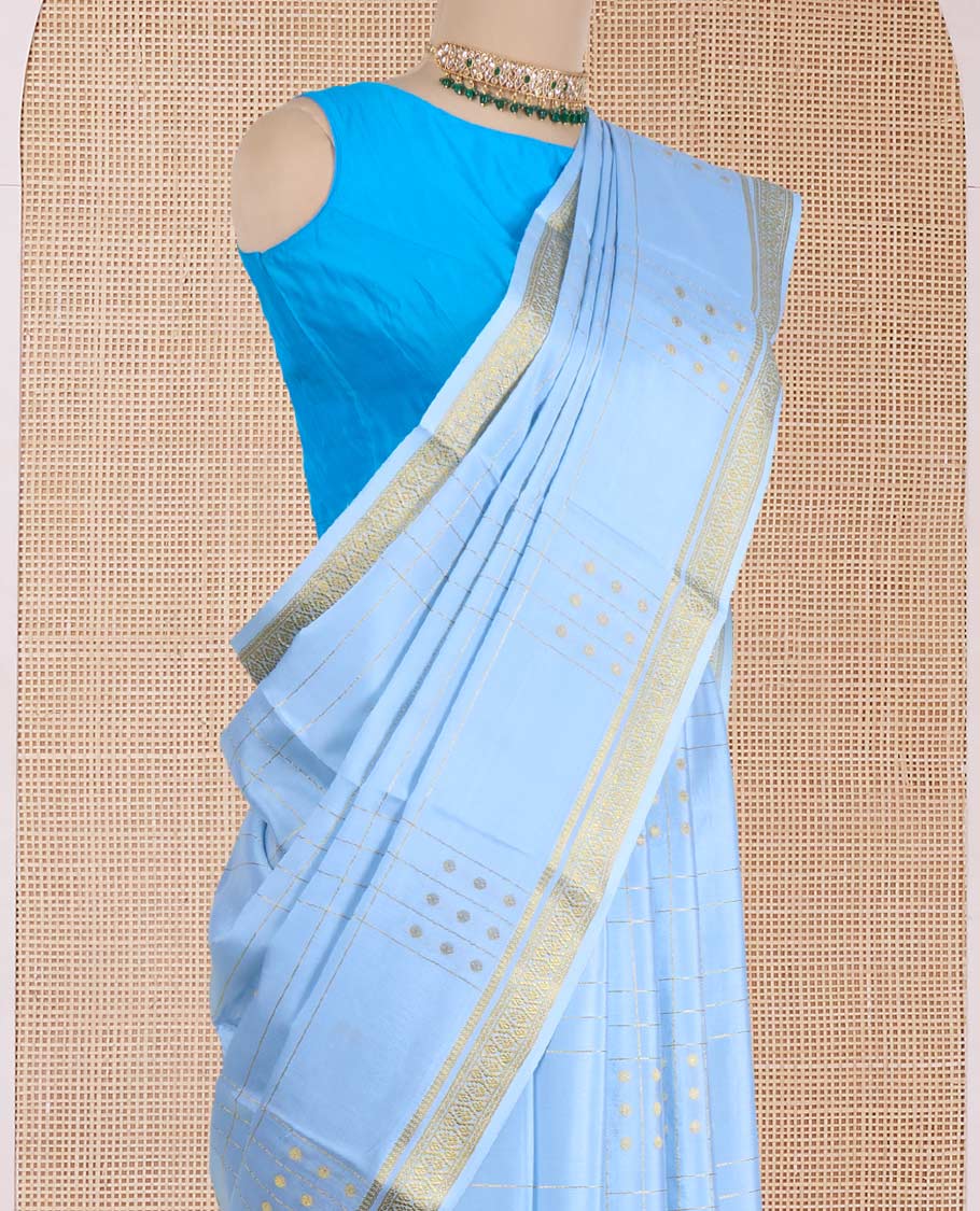 Blue zari buttas and checked Mysore silk saree, traditional zari design border, and zari design pallu