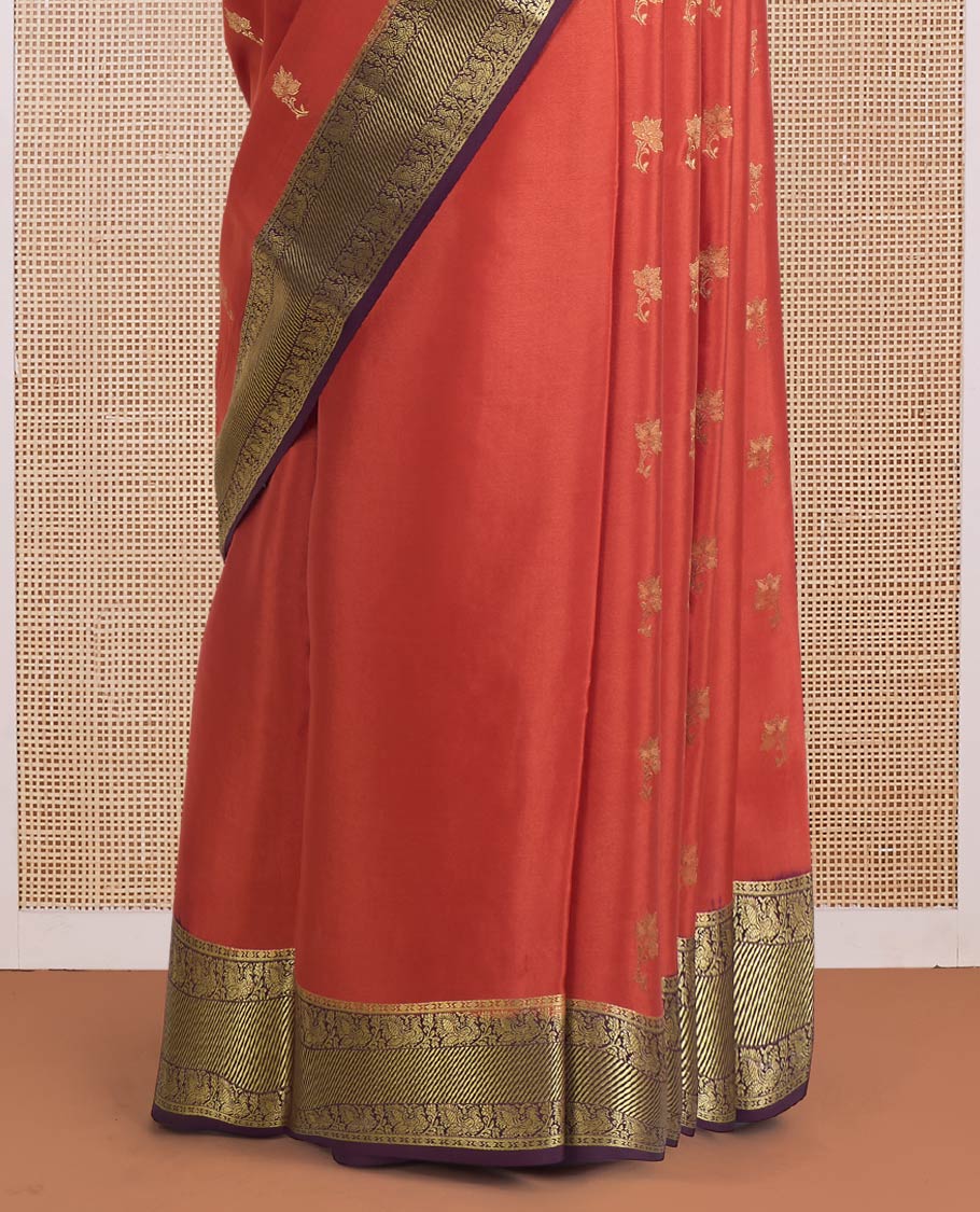 Orange zari buttas Mysore silk saree, contrast traditional zari border of peacock motifs, and jaal pallu