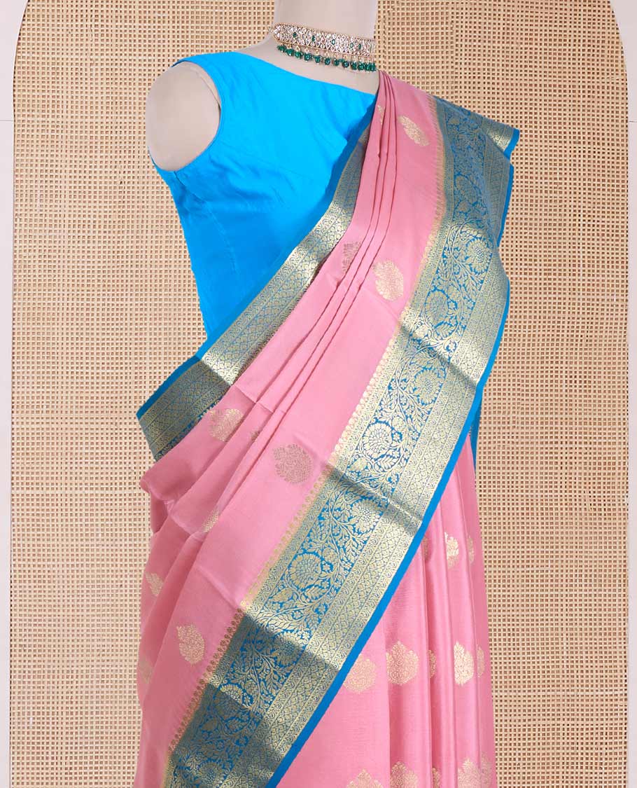 Pink zari buttas Mysore silk saree, contrast traditional zari border of floral creeper designs, and pallu of big paisleys