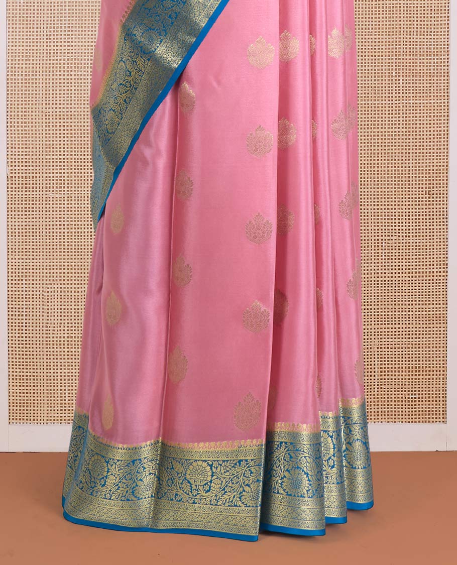 Pink zari buttas Mysore silk saree, contrast traditional zari border of floral creeper designs, and pallu of big paisleys