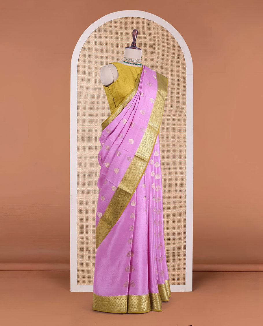 Pink zari buttas Mysore silk saree, contrast jaal border, and pallu steeped with traditional zari designs