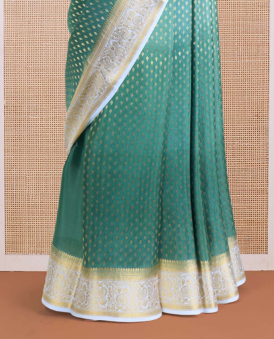 Green zari buttas Mysore silk saree, contrast traditional design border, and scallop design pallu