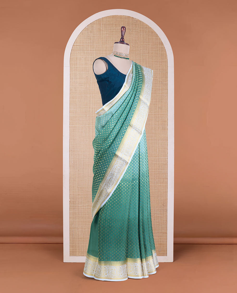 Green zari buttas Mysore silk saree, contrast traditional design border, and scallop design pallu