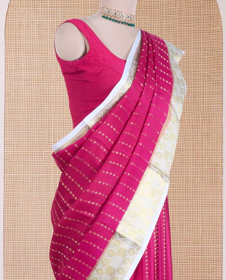 Pink zari design Mysore silk saree, contrast peacock chakra motifs border, and traditional zari design woven pallu