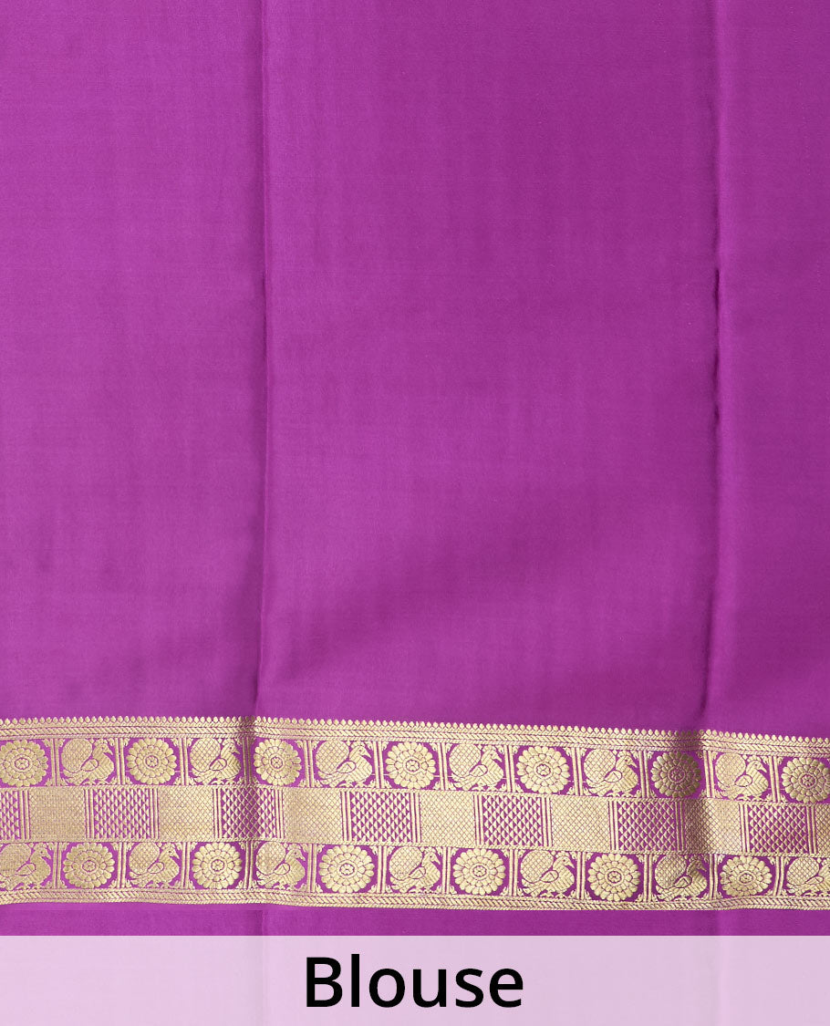 Parrot green zari design Mysore silk saree, contrast peacock chakra motifs border, and traditional zari design woven pallu