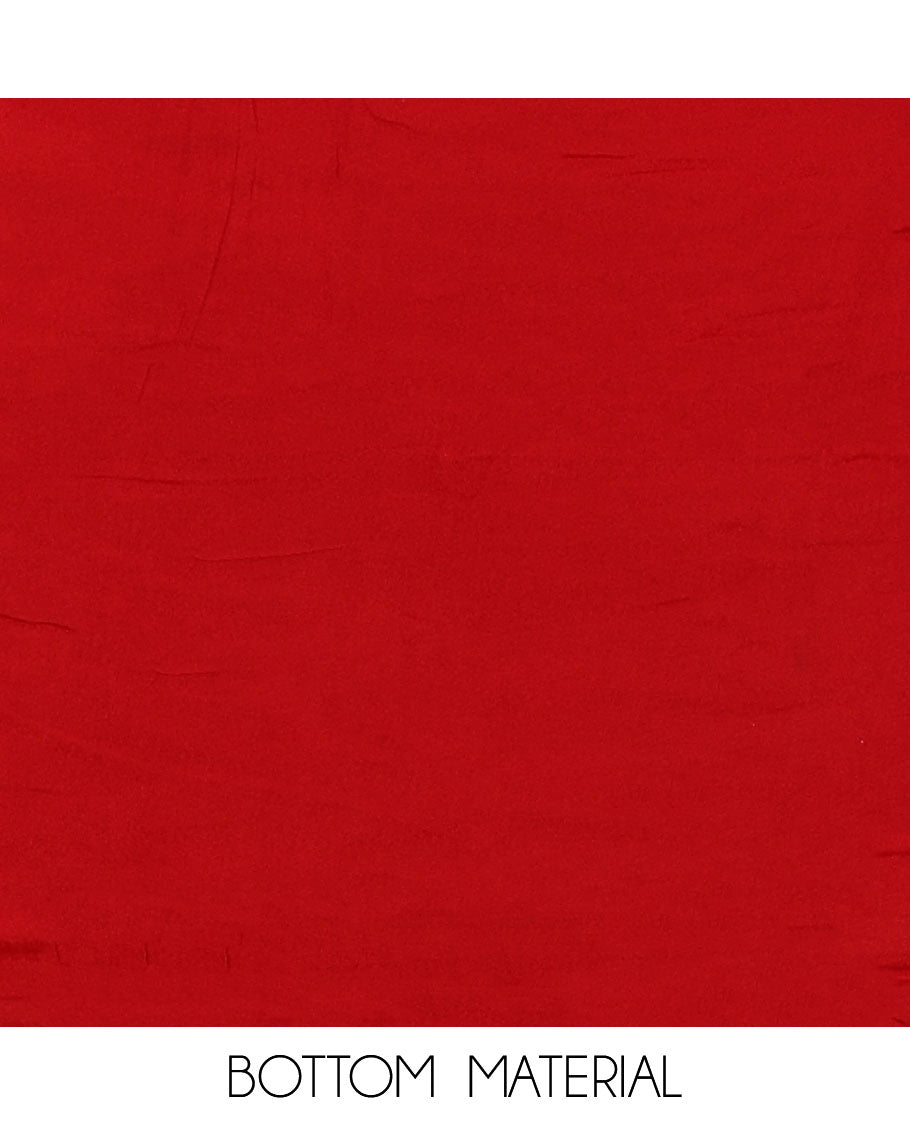 Black and red material chudidar set, sun brust and chakra motifs hand block printed Viscose georgette top, contrast bottom, and hand block printed viscose georgette dupatta