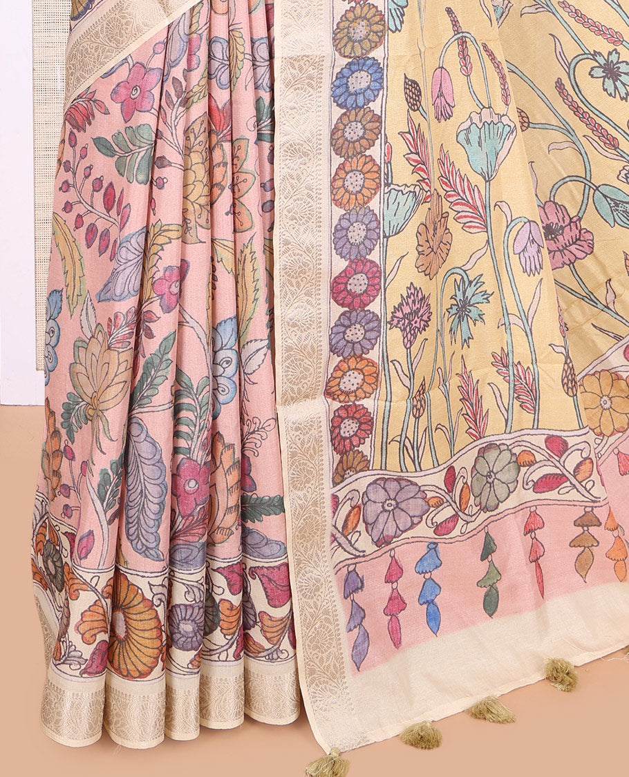 Pale Pink Kalamkari Printed Fancy Tussar Saree