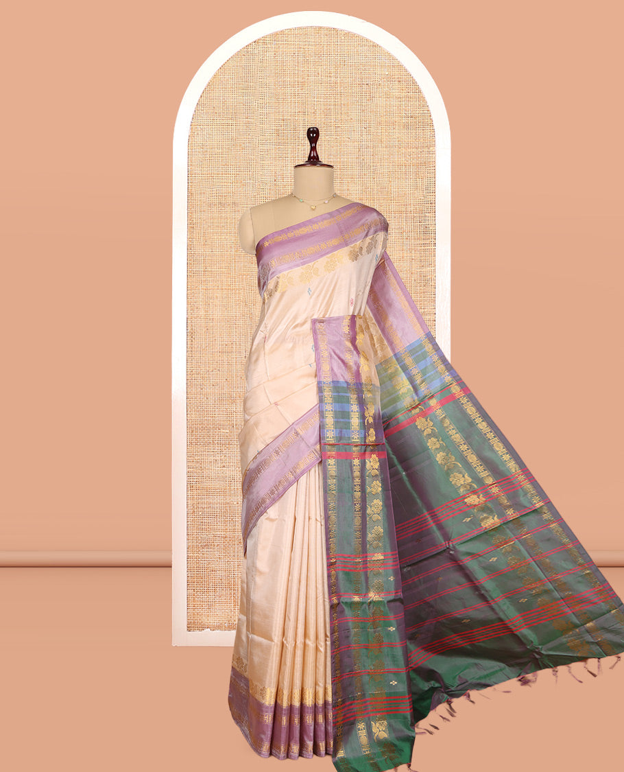 Sandal Banana Pith Saree, Woven with Thread Buttas, Complemented by a Contrast Rettai Pettu Traditional Border, Pallu of Stripes and Buttas, and a Contrast Blouse