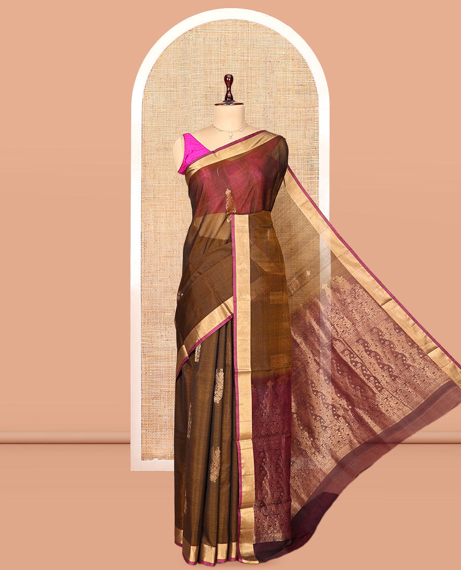 Brown Zari Butta Silk Cotton Saree