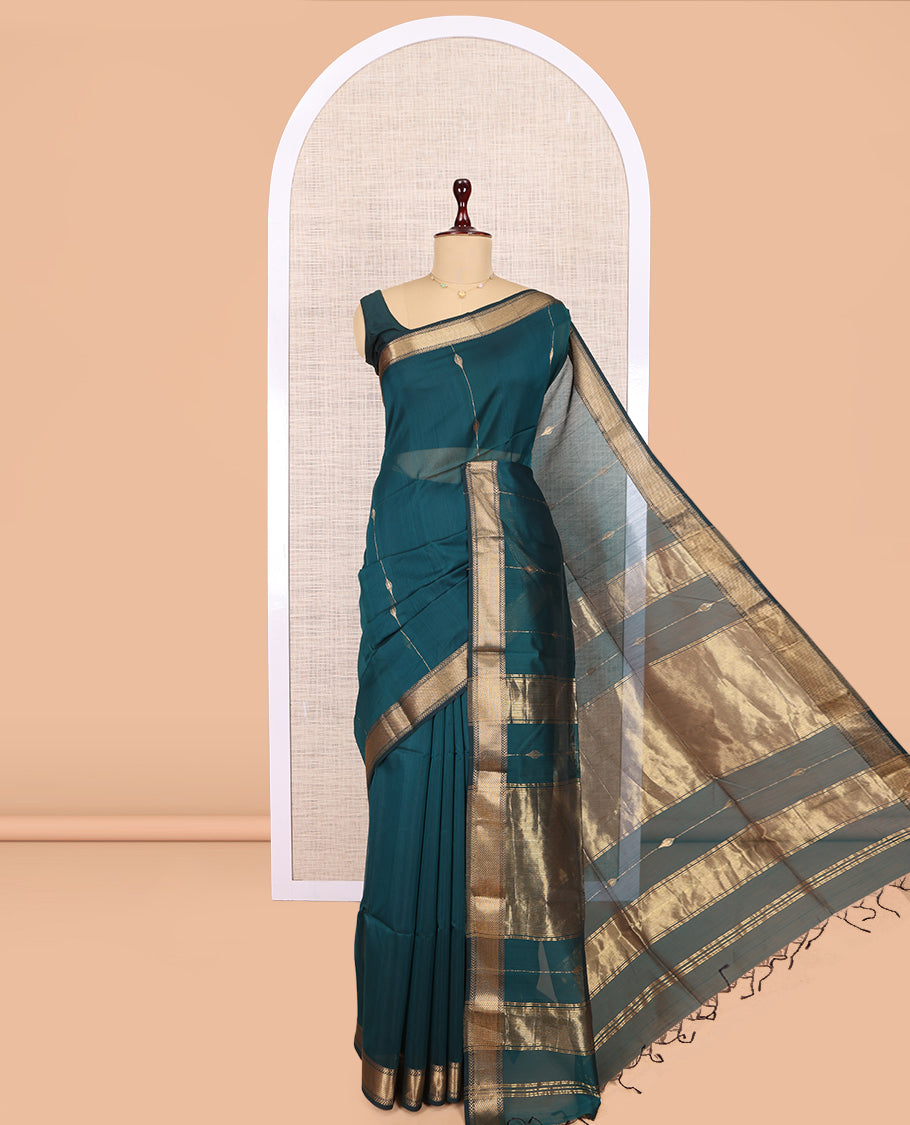 Blue Maheshwari Cotton Saree, Accentuated with Zari Design, Highlighted by a Traditional Zari Border, Gleaming Zari Woven Pallu, and a Matching Blouse