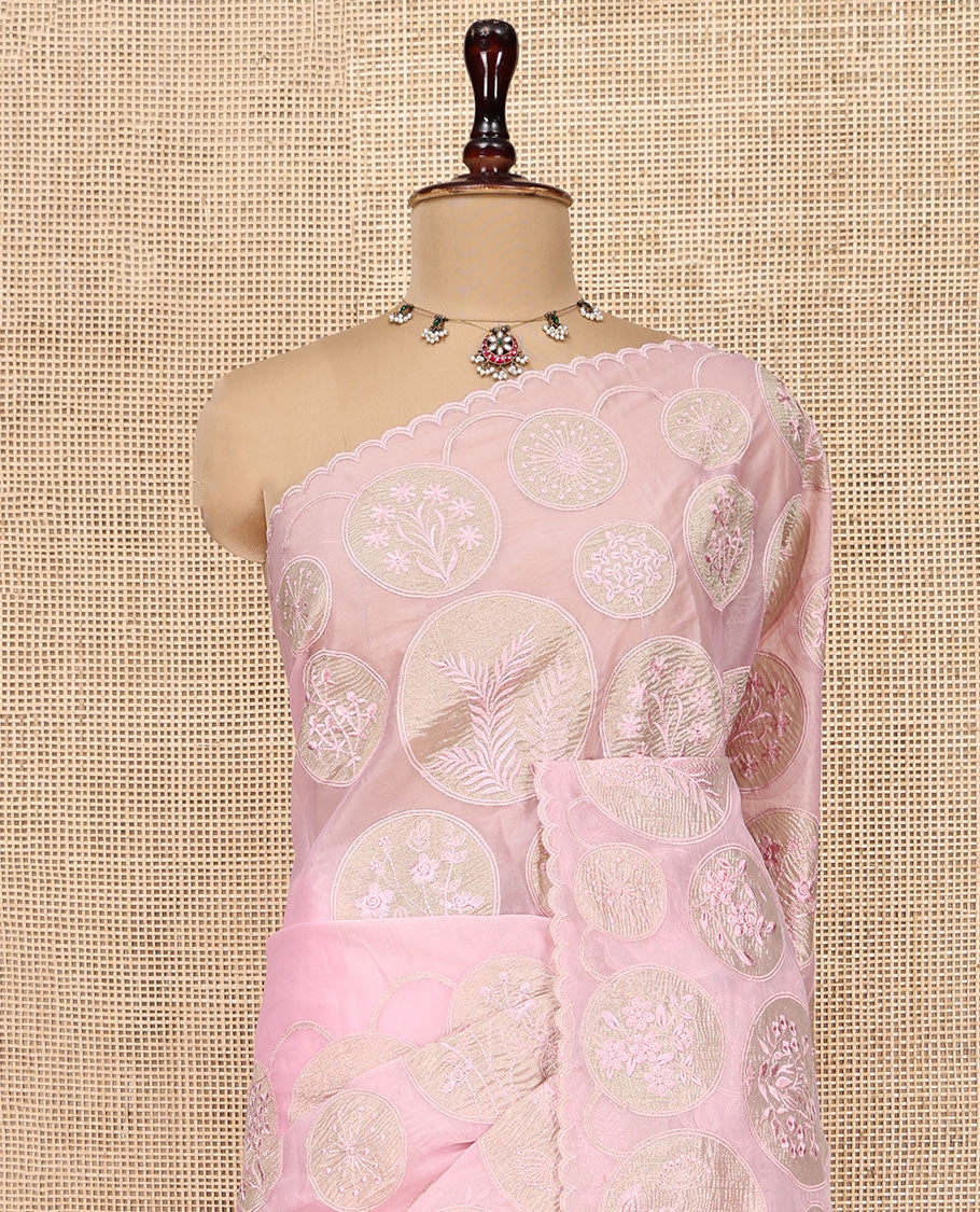Pearl Pink Organza Saree, Delicately Threaded with Floral Enclosed Circle Motifs Embroidery, Subtle Scallop Border, Delicately Embroidered Pallu, and Paired with a Matching Embroidered Blouse