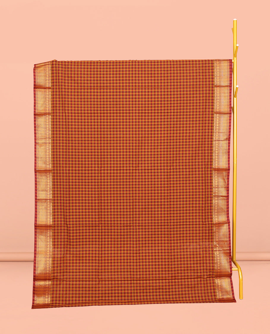 Orange-Red Chettinad Cotton Saree, Spotlighted with Micro-Checks, Highlighted by Traditional Zari Border, Striped Pallu, and No Blouse