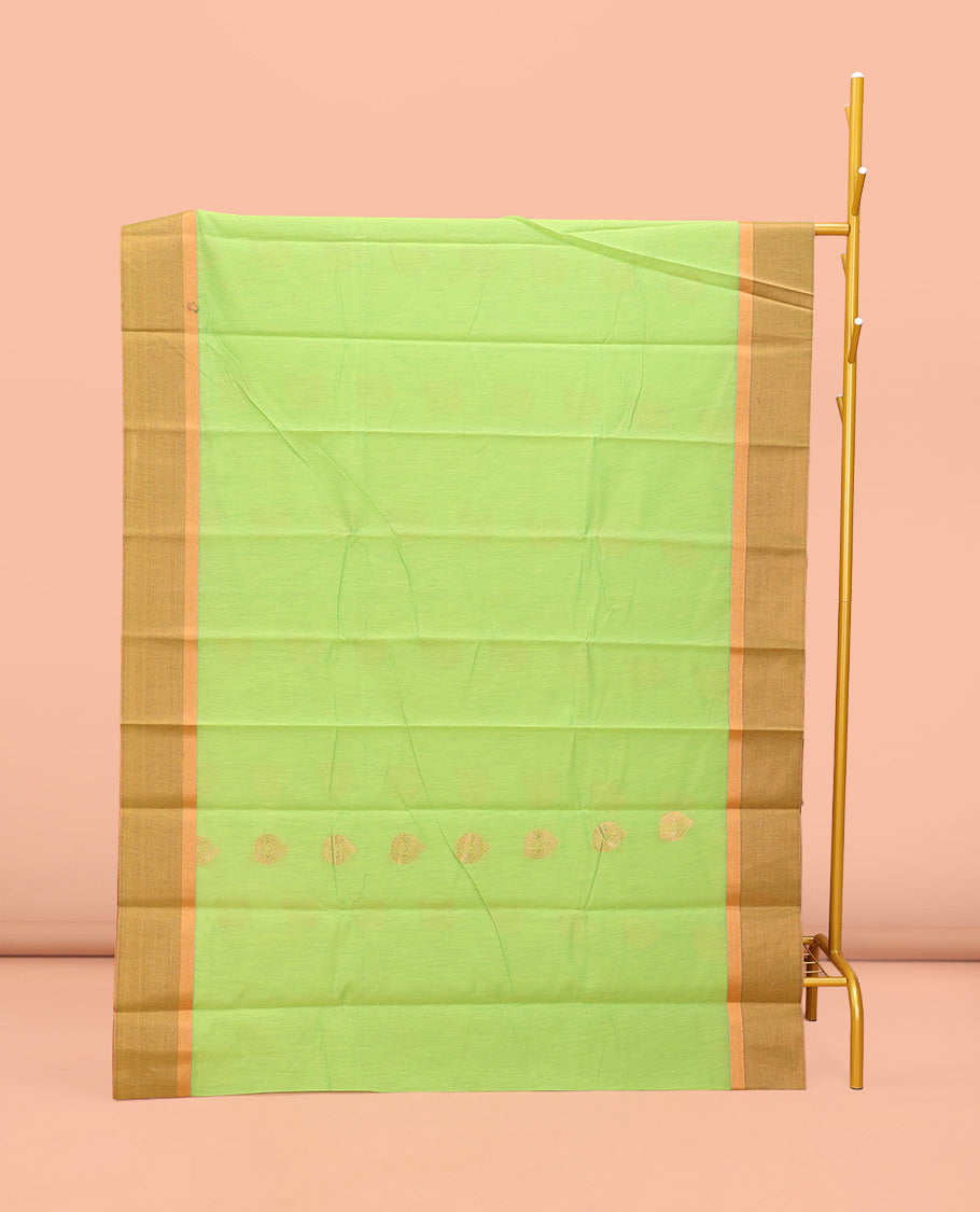 Green Semi-Silk Cotton Saree, Sparsely Woven with Zari Buttas All Over Its Body, Complemented by Contrast Border, Pallu of Intricate Zari Design, and Paired with a Matching Blouse