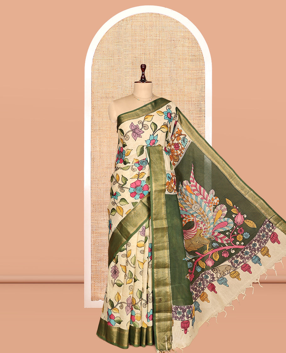 Light Yellow Kalamkari Silk Saree, Elegantly Framed with Floral Vine Print, a Contrast Traditional Zari Border, Pallu Features Peacocks, and a Contrast Blouse
