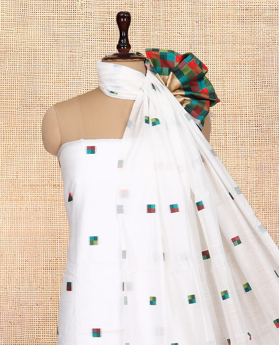 White Chanderi Material Churidar Features Square Butta Printed Top, a Plain Bottom, a Square Buttas Printed Dupatta