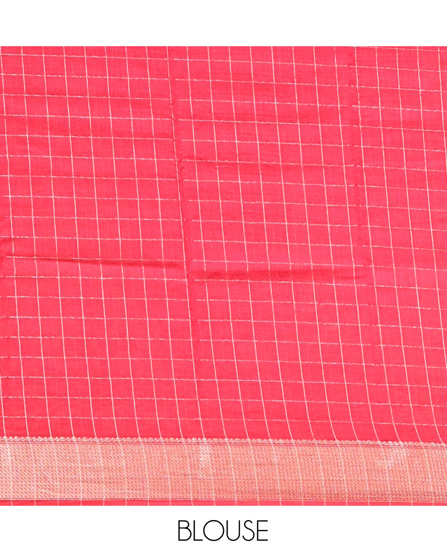 Pink Assam Silk Saree, Lightly Embellished with Zari Checks, Highlighted by a Traditional Zari Border, Striped Pallu, and a Matching Blouse
