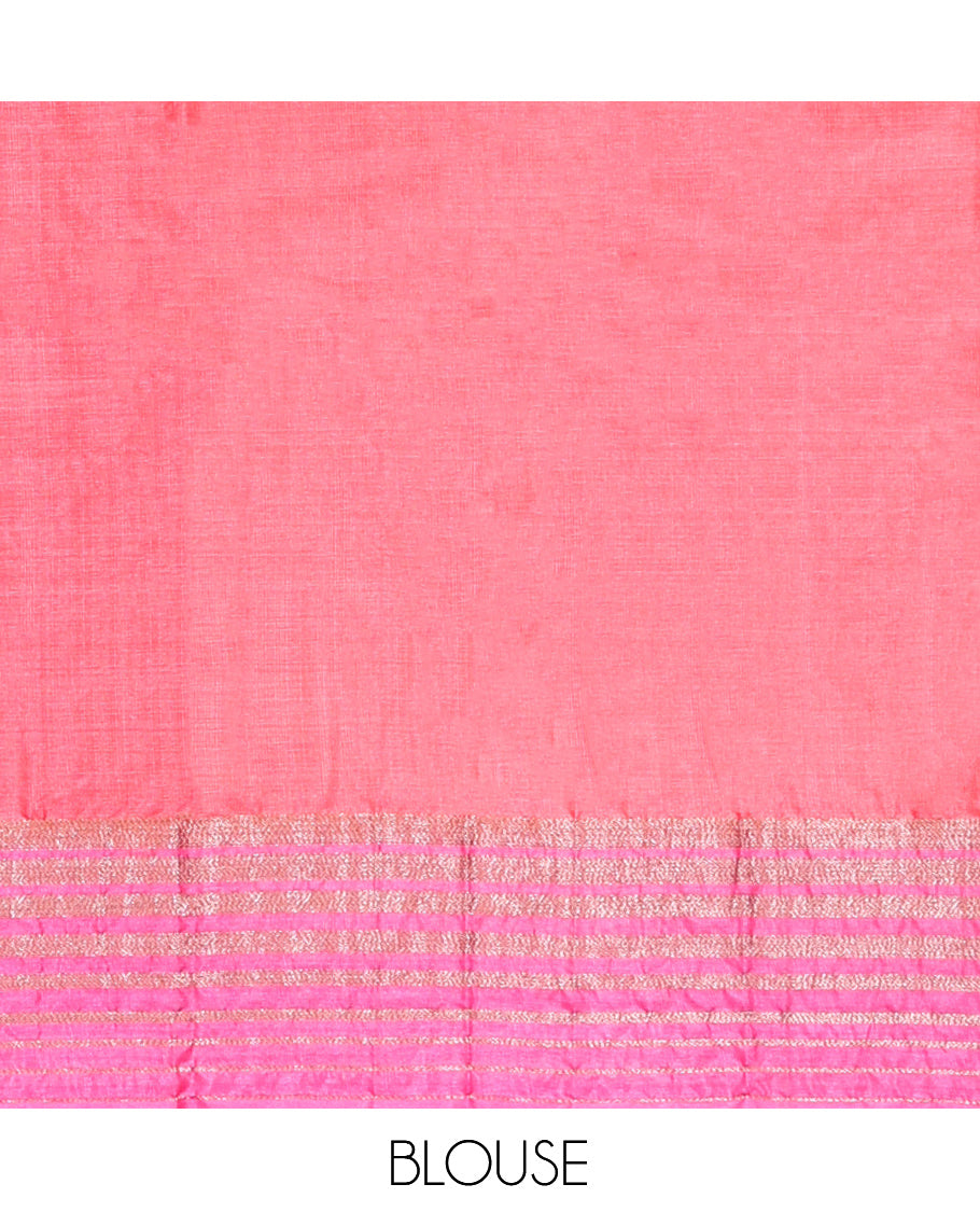 Pink-Orange Tussar Silk Saree Features Zari Buttas, Highlighted by a Zari Border, Floral Design Pallu, and a Matching Blouse