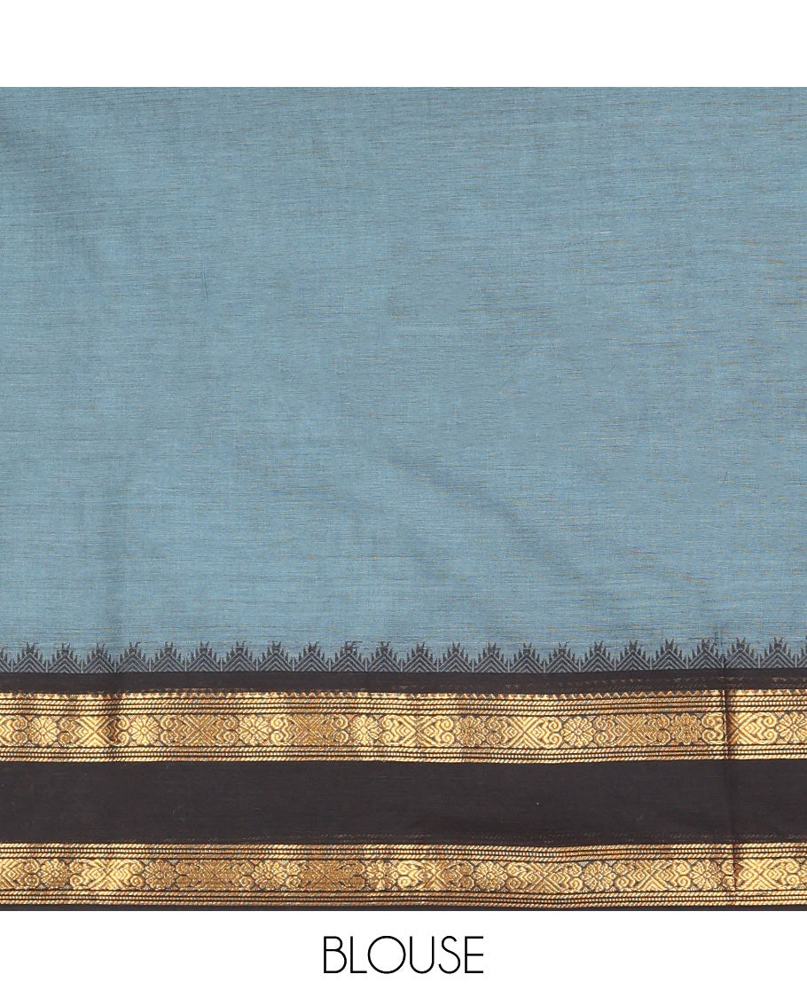 Grey Plain Chettinad Cotton Saree, Complemented by a Contrast Traditional Zari Rettai Pettu Border, Striped Pallu, and a Matching Blouse