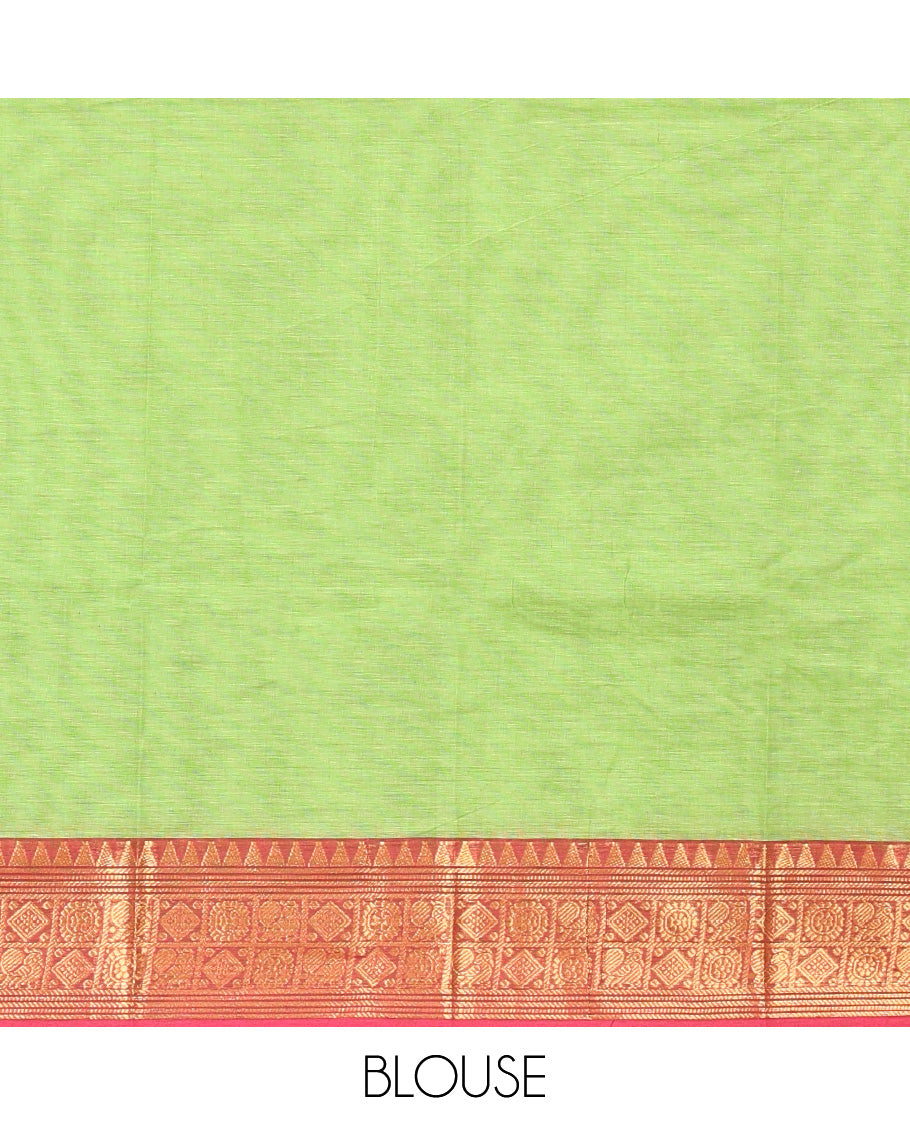 Green Chettinad Cotton Saree, Adorned with Buttas All Over Its Body, Complemented by a Contrast Traditional Zari Design Border, Pallu of Stripes, and Paired with a Matching Blouse