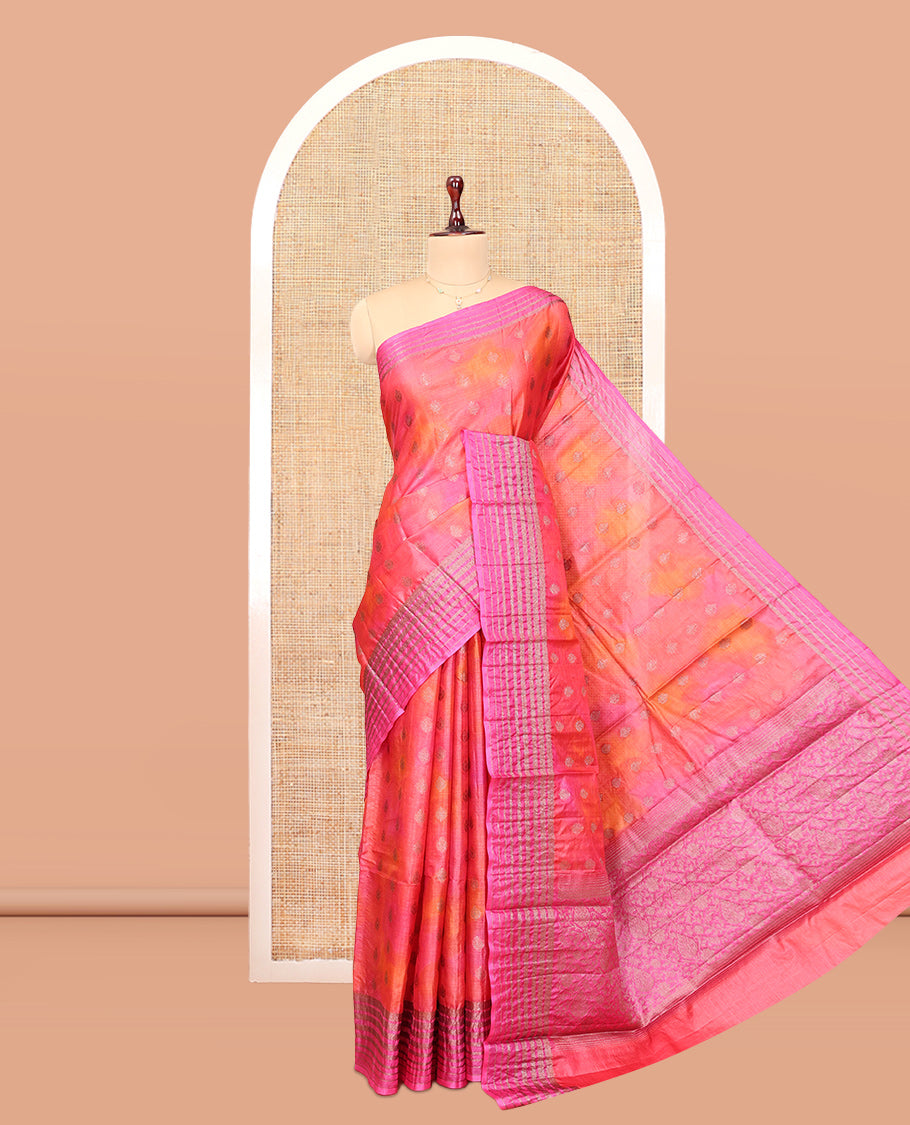 Pink-Orange Tussar Silk Saree Features Zari Buttas, Highlighted by a Zari Border, Floral Design Pallu, and a Matching Blouse